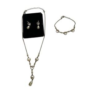 Elegant Faux‎ Pearl Silver Tone Necklace Bracelet Earrings Jewelry Set